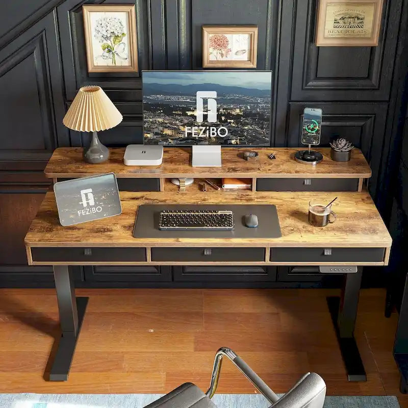 Bureau assis-debout électrique réglable en hauteur FEZIBO avec 5 tiroirs, table avec étagère de rangement