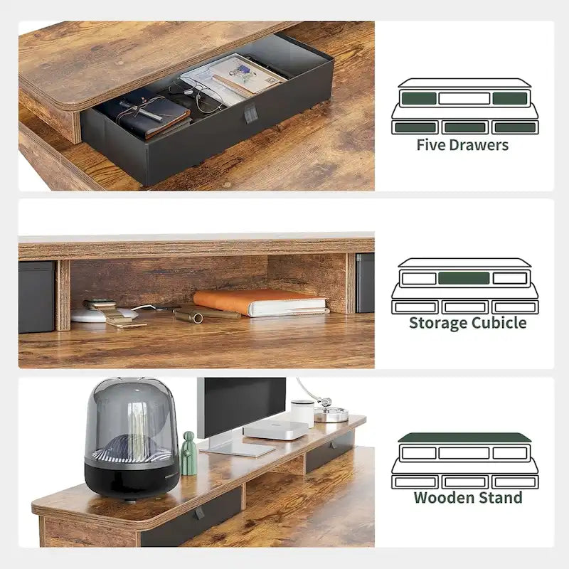 Bureau assis-debout électrique réglable en hauteur FEZIBO avec 5 tiroirs, table avec étagère de rangement