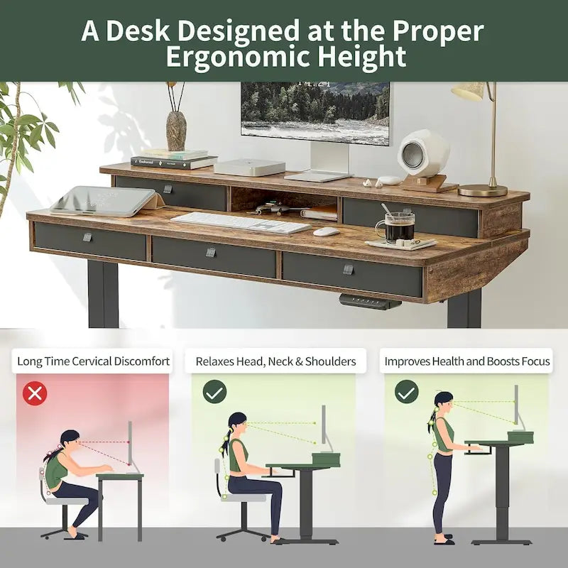 Bureau assis-debout électrique réglable en hauteur FEZIBO avec 5 tiroirs, table avec étagère de rangement