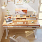 Bureau assis-debout électrique réglable en hauteur FEZIBO avec 5 tiroirs, table avec étagère de rangement