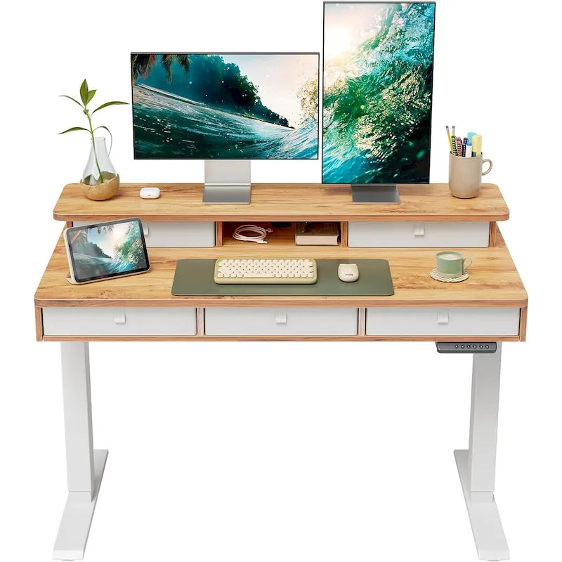 Bureau assis-debout électrique réglable en hauteur FEZIBO avec 5 tiroirs, table avec étagère de rangement