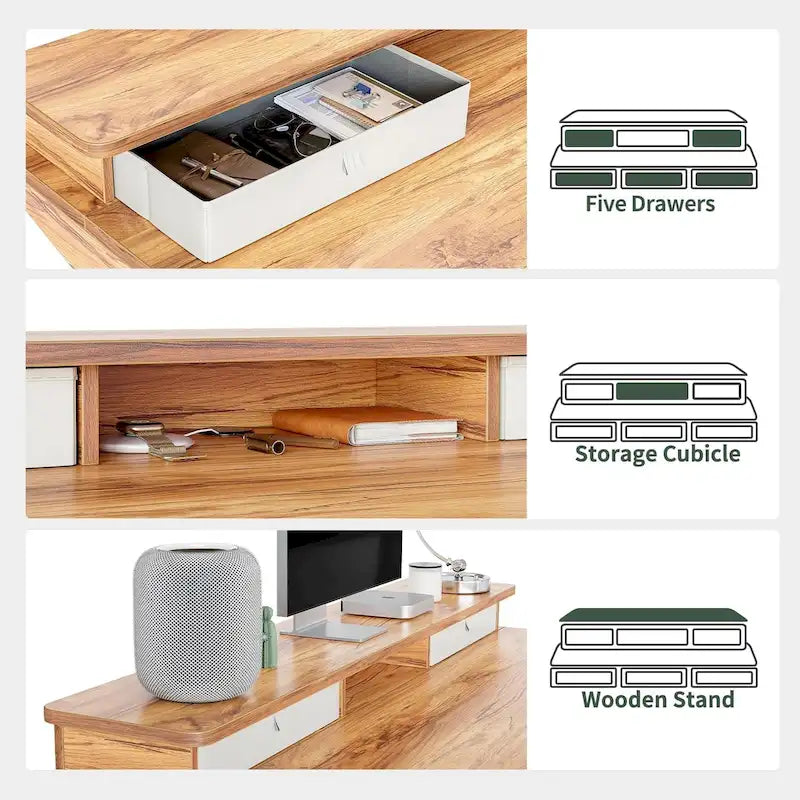Bureau assis-debout électrique réglable en hauteur FEZIBO avec 5 tiroirs, table avec étagère de rangement