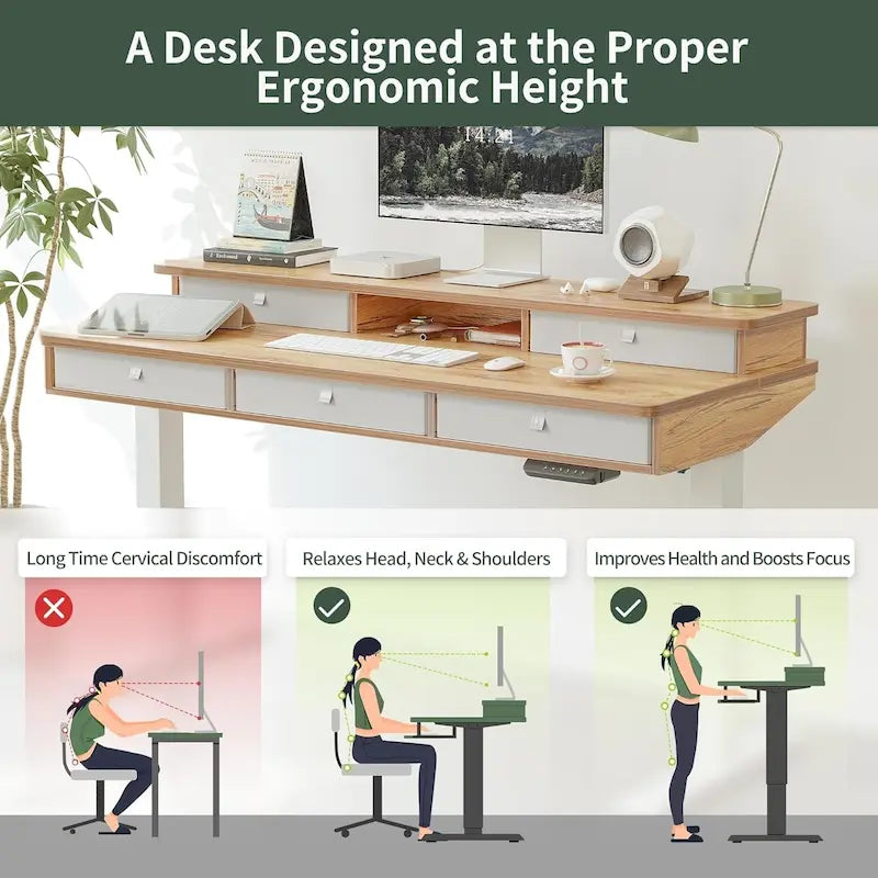 Bureau assis-debout électrique réglable en hauteur FEZIBO avec 5 tiroirs, table avec étagère de rangement