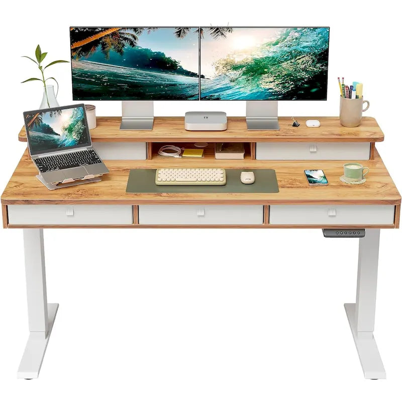 Bureau assis-debout électrique réglable en hauteur FEZIBO avec 5 tiroirs, table avec étagère de rangement