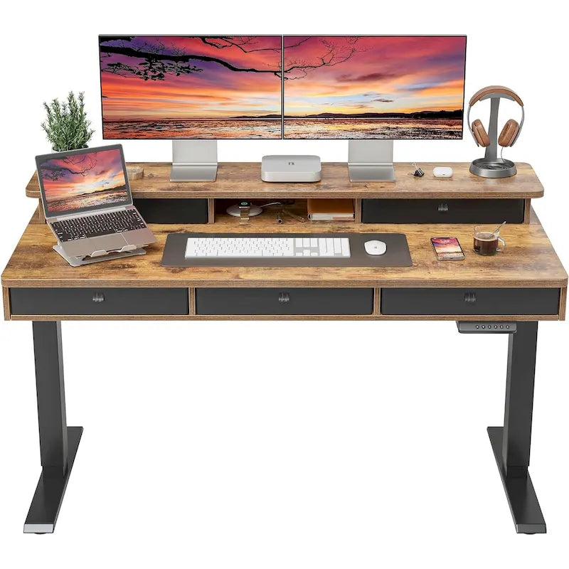 Bureau assis-debout électrique réglable en hauteur FEZIBO avec 5 tiroirs, table avec étagère de rangement