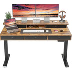 Bureau assis-debout électrique réglable en hauteur FEZIBO avec 5 tiroirs, table avec étagère de rangement