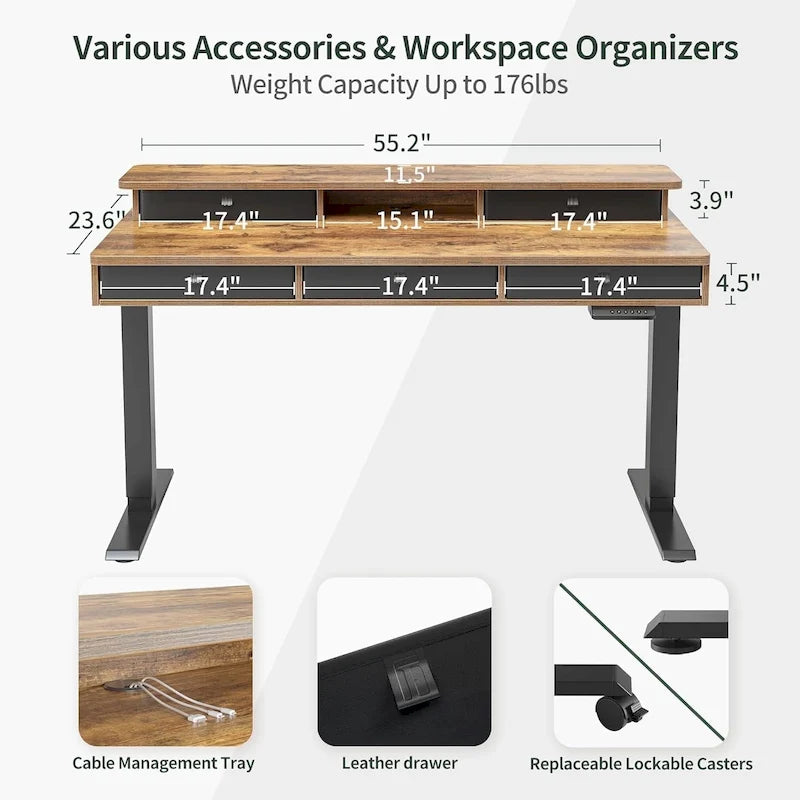 Bureau assis-debout électrique réglable en hauteur FEZIBO avec 5 tiroirs, table avec étagère de rangement