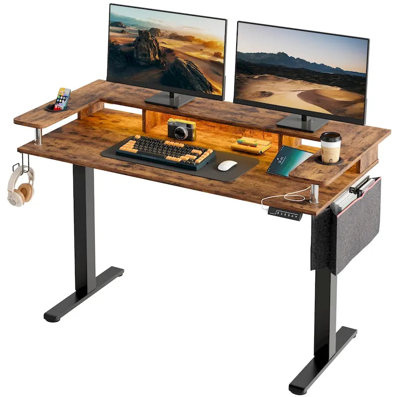 Bureau assis-debout électrique réglable en hauteur avec rangement et support pour écran