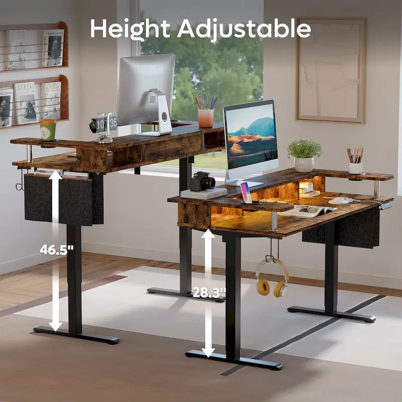 Bureau assis-debout électrique réglable en hauteur avec rangement et support pour écran