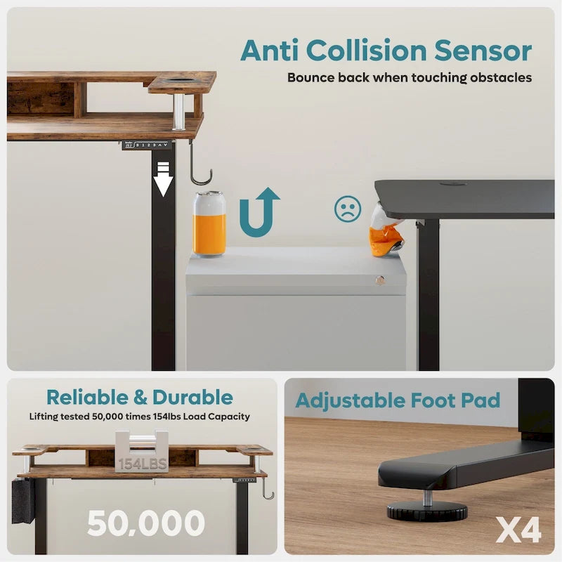 Bureau assis-debout électrique réglable en hauteur avec rangement et support pour écran