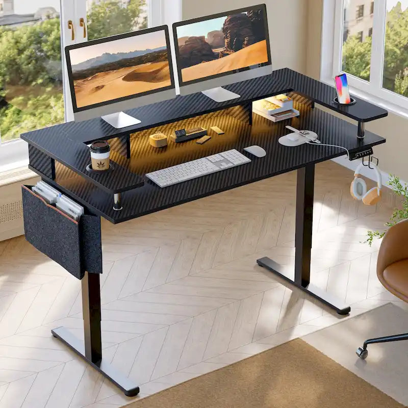 Bureau assis-debout électrique réglable en hauteur avec rangement et support pour écran