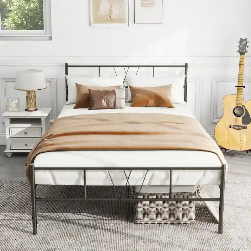 Full Size Metal Bed Frame with Headboard Platform Bed / Heavy Duty/ Solid Metal Slat / No Box Spring Needed, Twin Bed Frame
