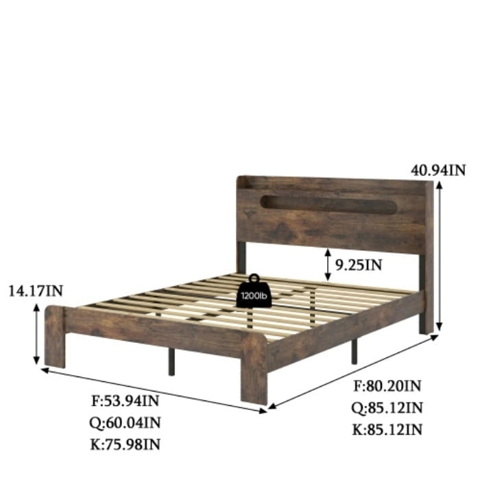 Cadre de lit plateforme avec tête de lit éclairée par LED et rangement, 2 ports USB, lit King/Full/Queen