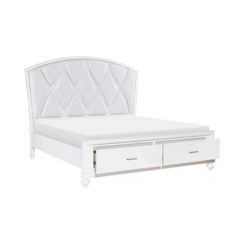 Lit plateforme Russ Queen, éclairage LED, revêtement en similicuir argenté, blanc