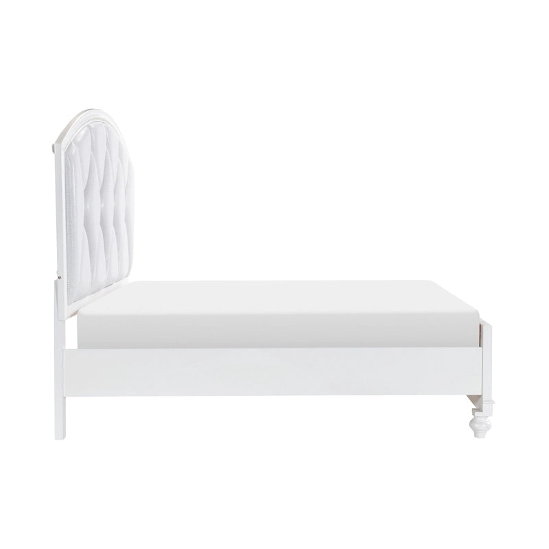 Lit plateforme Russ Queen, éclairage LED, revêtement en similicuir argenté, blanc