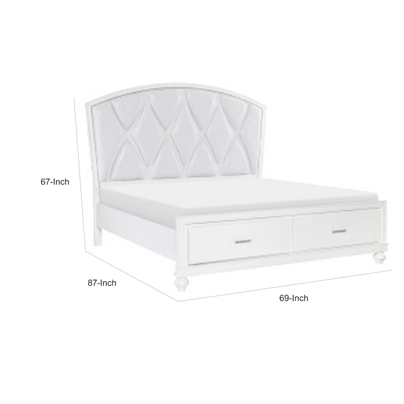 Lit plateforme Russ Queen, éclairage LED, revêtement en similicuir argenté, blanc