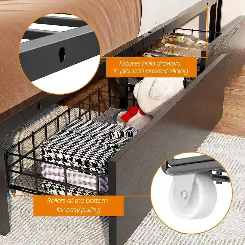 Lit plateforme avec tiroirs dissimulés, cadre de lit avec tête de lit et station de recharge