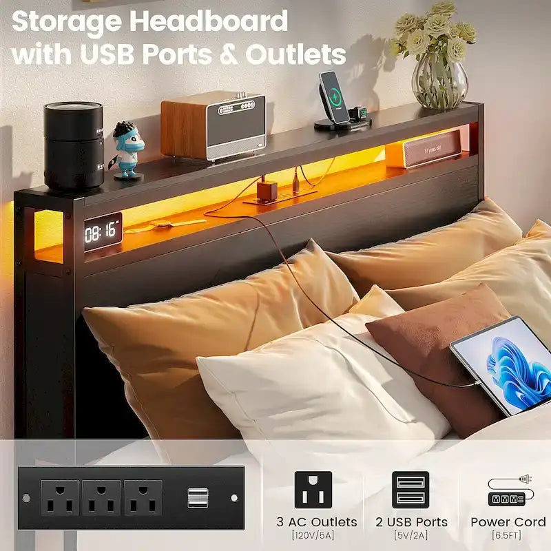 Lit plateforme avec tiroirs dissimulés, cadre de lit avec tête de lit et station de recharge