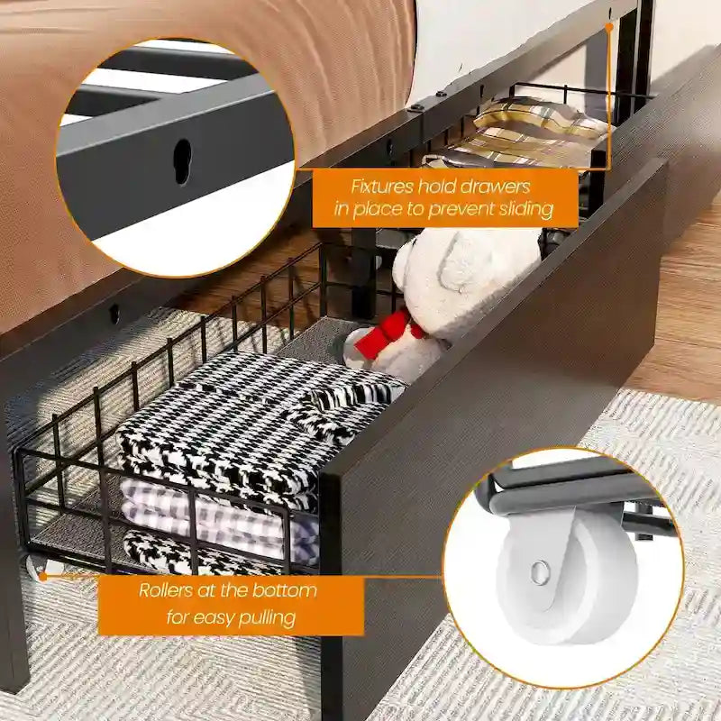 Lit plateforme avec tiroirs dissimulés, cadre de lit avec tête de lit et station de recharge