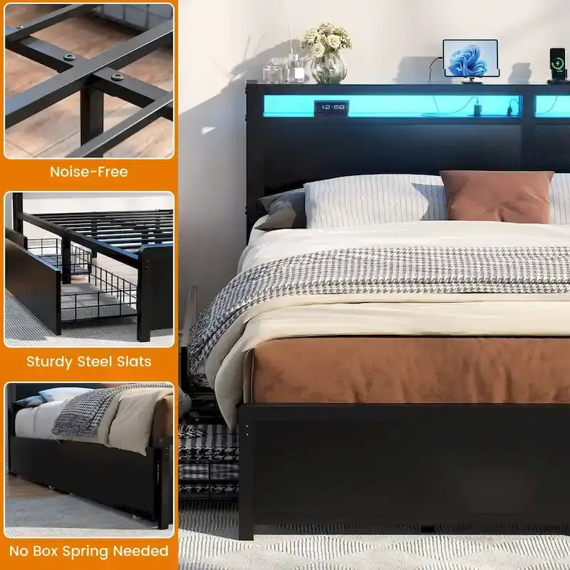 Lit plateforme avec tiroirs dissimulés, cadre de lit avec tête de lit et station de recharge