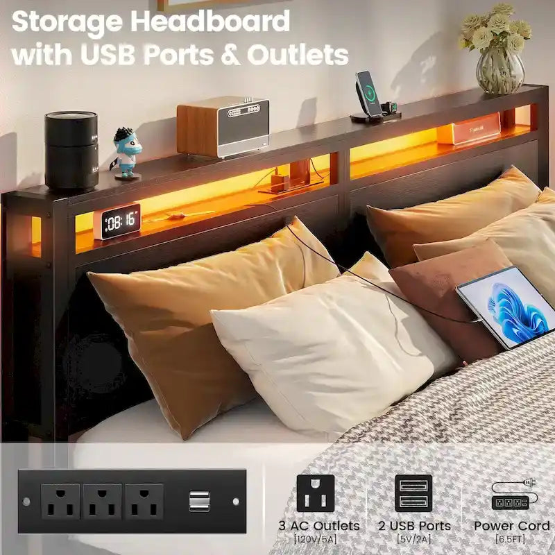 Lit plateforme avec tiroirs dissimulés, cadre de lit avec tête de lit et station de recharge
