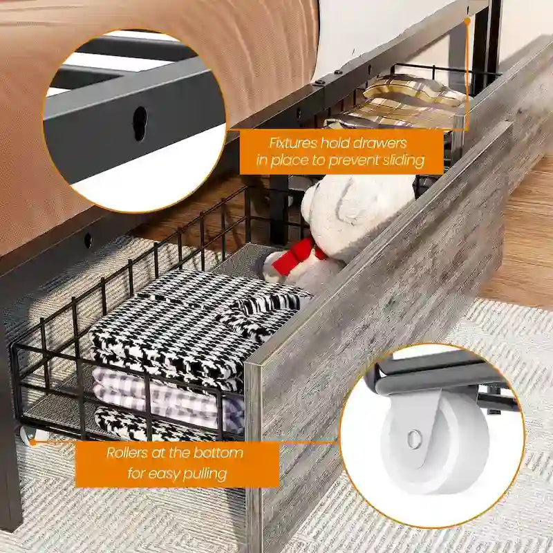 Lit plateforme avec tiroirs dissimulés, cadre de lit avec tête de lit et station de recharge