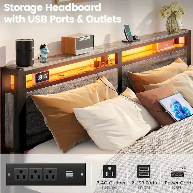 Lit plateforme avec tiroirs dissimulés, cadre de lit avec tête de lit et station de recharge