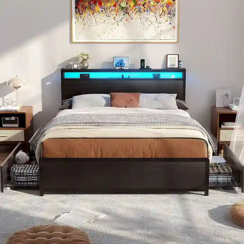 Lit plateforme avec tiroirs dissimulés, cadre de lit avec tête de lit et station de recharge