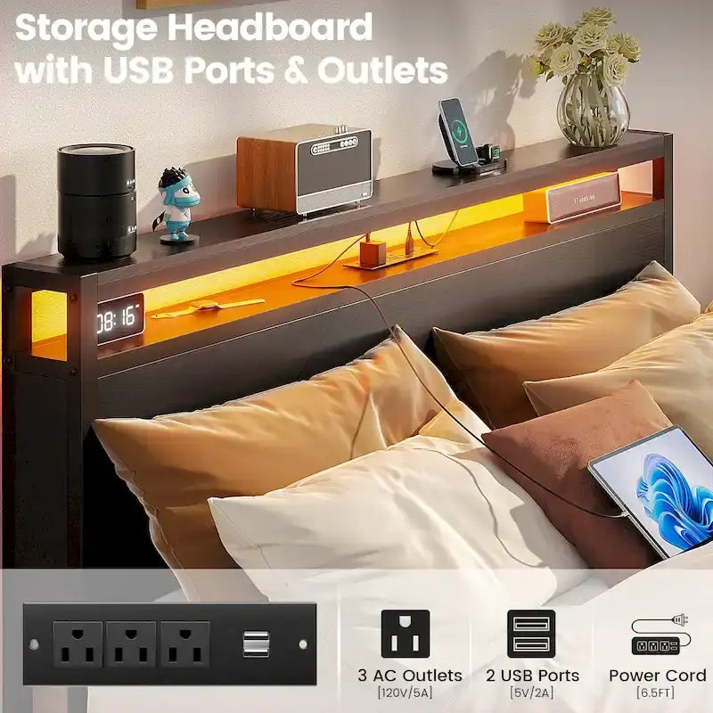 Lit plateforme avec tiroirs dissimulés, cadre de lit avec tête de lit et station de recharge