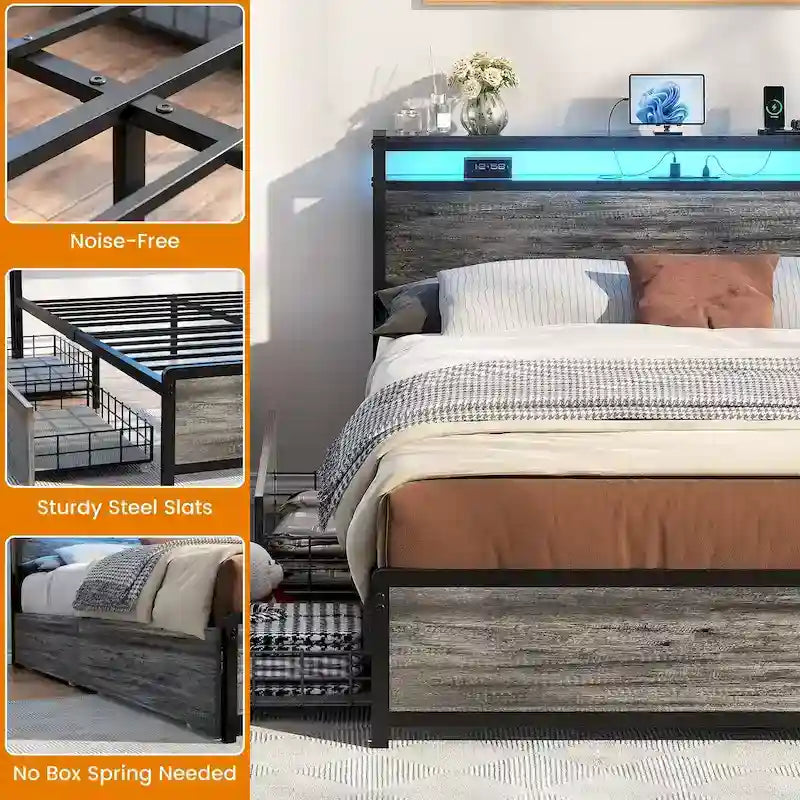 Lit plateforme avec tiroirs dissimulés, cadre de lit avec tête de lit et station de recharge
