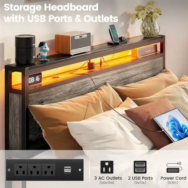 Lit plateforme avec tiroirs dissimulés, cadre de lit avec tête de lit et station de recharge