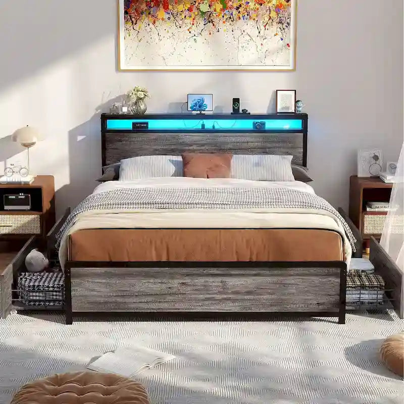 Lit plateforme avec tiroirs dissimulés, cadre de lit avec tête de lit et station de recharge