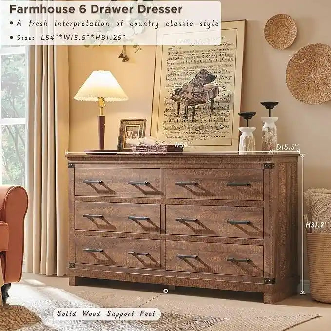Commode de style campagnard à 6 tiroirs, commode en bois, commode de rangement
