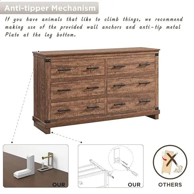 Commode de style campagnard à 6 tiroirs, commode en bois, commode de rangement