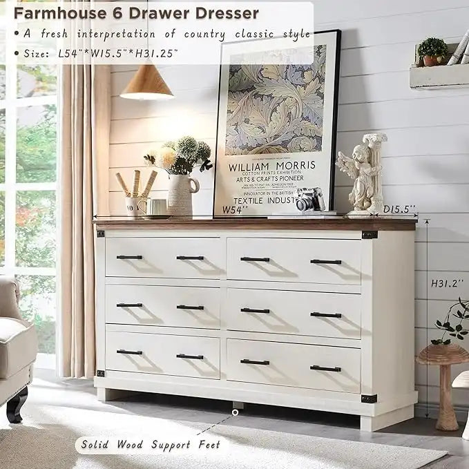 Commode de style campagnard à 6 tiroirs, commode en bois, commode de rangement