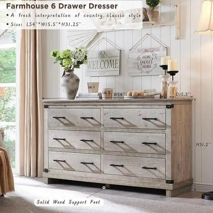 Commode de style campagnard à 6 tiroirs, commode en bois, commode de rangement