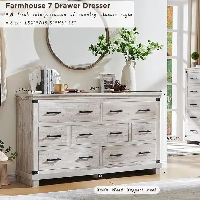Commode de style campagnard à 7 tiroirs, commode en bois, commode-penderie