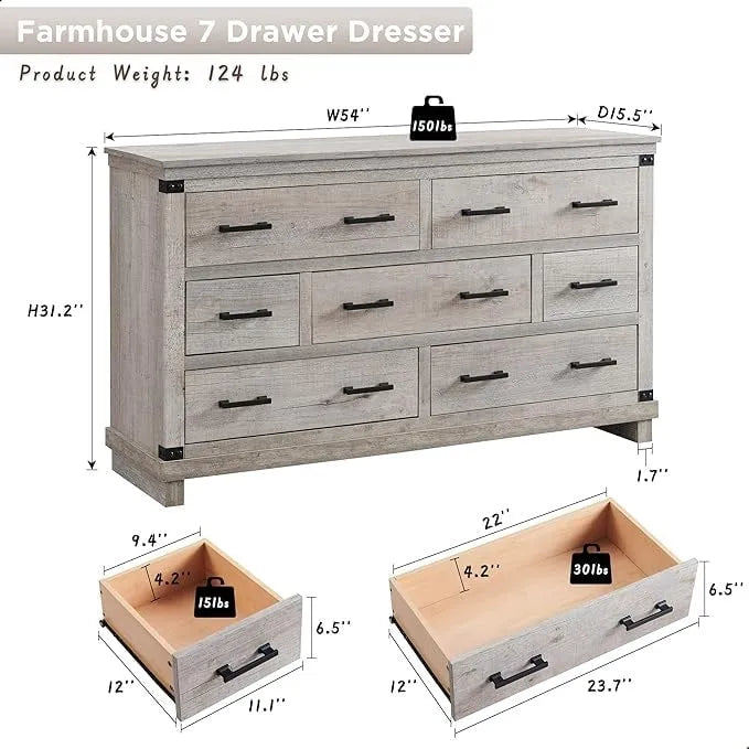Commode de style campagnard à 7 tiroirs, commode en bois, commode-penderie