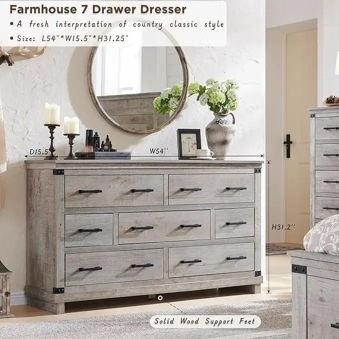 Commode de style campagnard à 7 tiroirs, commode en bois, commode-penderie