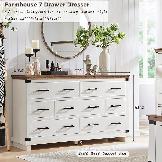 Commode de style campagnard à 7 tiroirs, commode en bois, commode-penderie