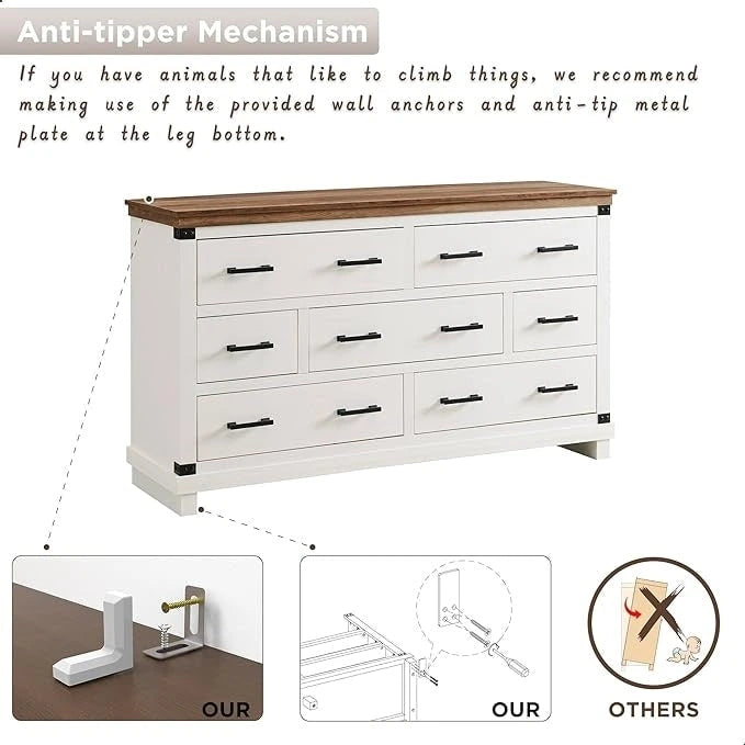 Commode de style campagnard à 7 tiroirs, commode en bois, commode-penderie