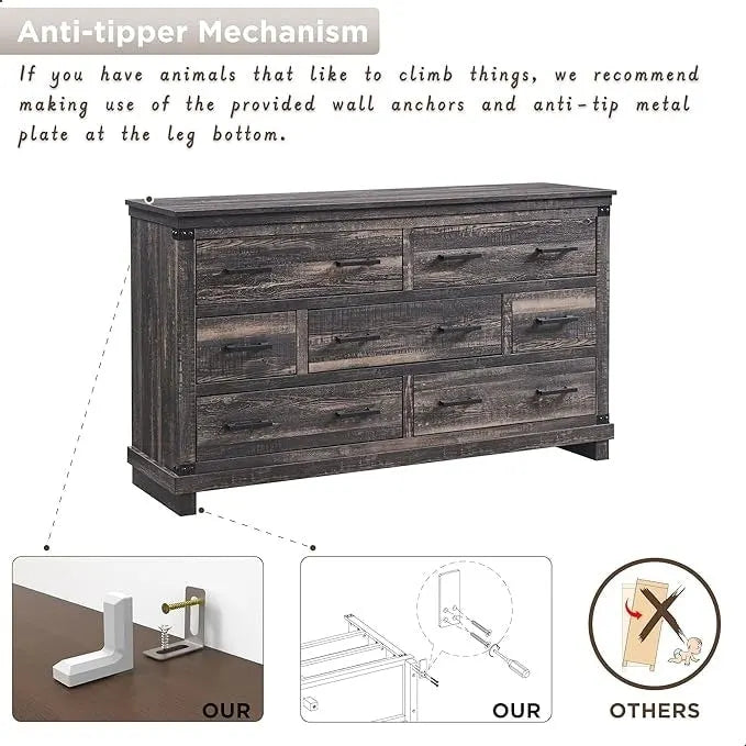 Commode de style campagnard à 7 tiroirs, commode en bois, commode-penderie