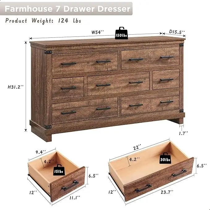 Commode de style campagnard à 7 tiroirs, commode en bois, commode-penderie