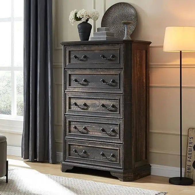 Commode de style campagnard à 5 tiroirs, commode en bois, organisateur de commode