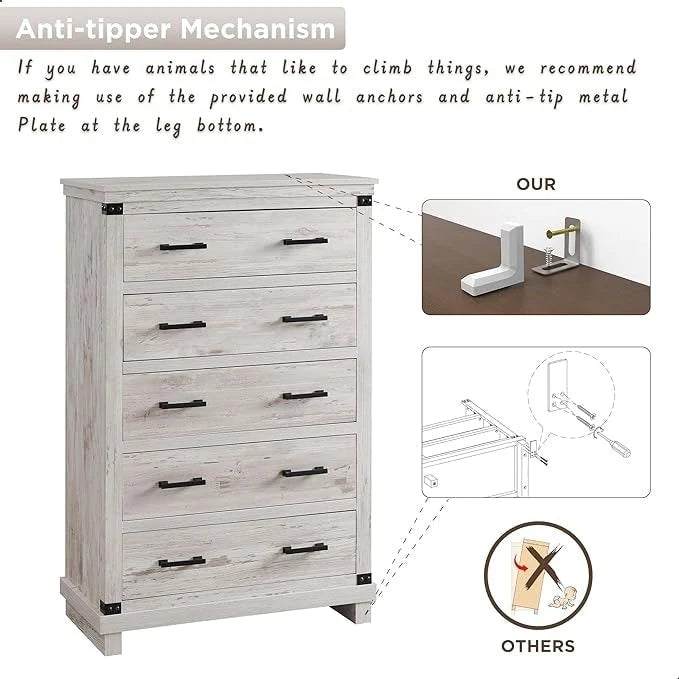 Commode de style campagnard à 5 tiroirs, commode en bois, commode de rangement