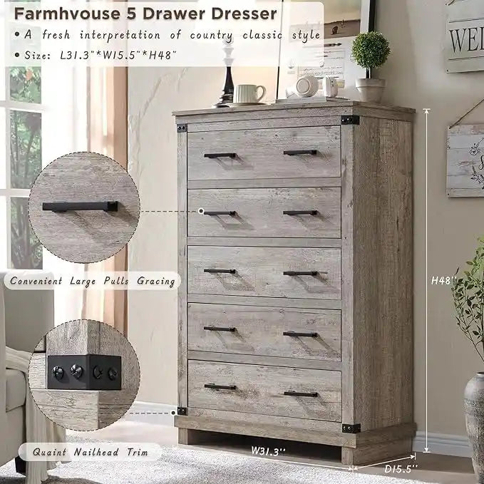 Commode de style campagnard à 5 tiroirs, commode en bois, commode de rangement