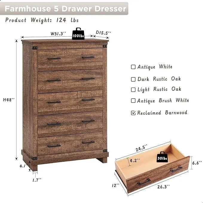 Commode de style campagnard à 5 tiroirs, commode en bois, commode de rangement