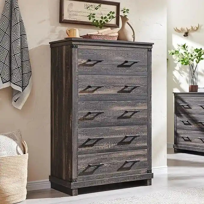 Commode de style campagnard à 5 tiroirs, commode en bois, commode de rangement