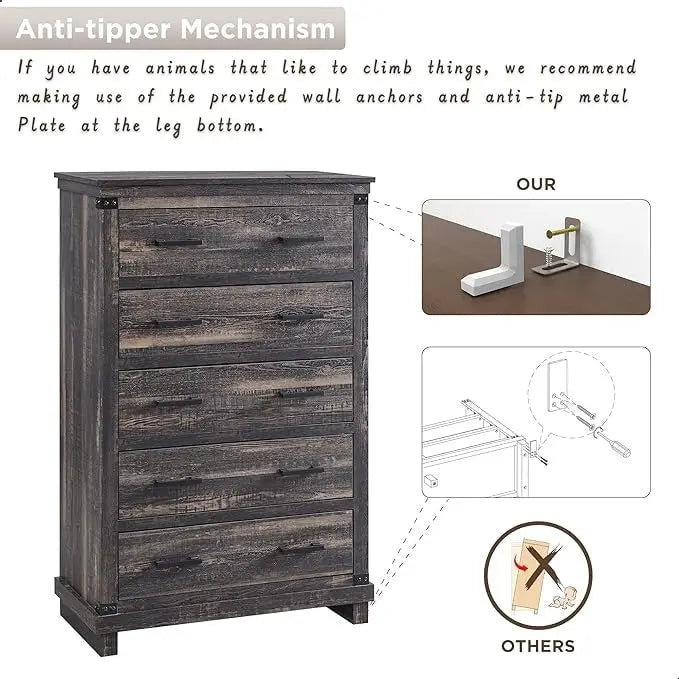 Commode de style campagnard à 5 tiroirs, commode en bois, commode de rangement
