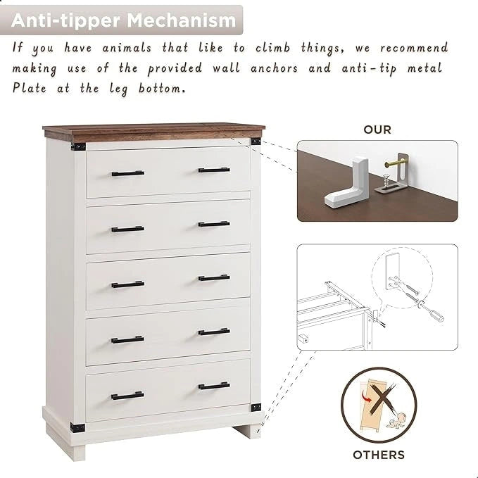 Commode de style campagnard à 5 tiroirs, commode en bois, commode de rangement